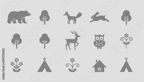 Set of flat grey forest animal and woodland icons arranged in a clean grid layout on a light background.