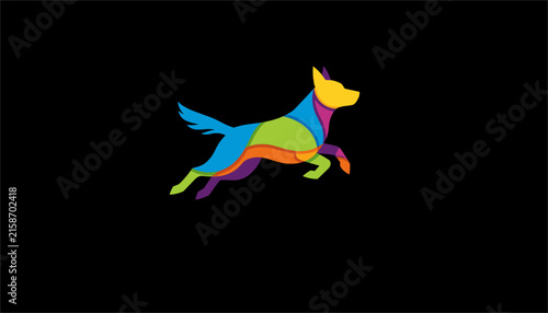 Dynamic silhouette of a running dog created with colorful overlapping translucent geometric shapes on a solid black background.