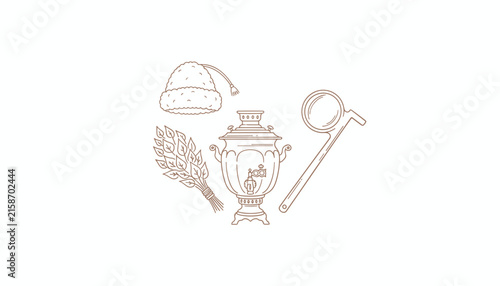 Hand drawn line art illustration of traditional Russian sauna accessories including a samovar, ladle, hat, and birch broom.