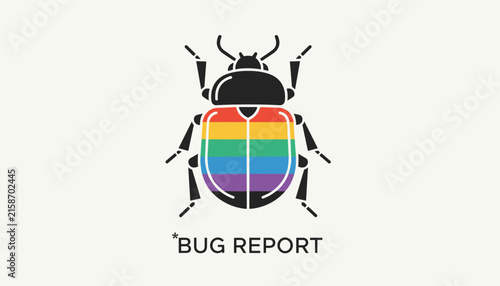 Stylized bug icon with a rainbow pride flag pattern on its back above a bug report text label over a light background.