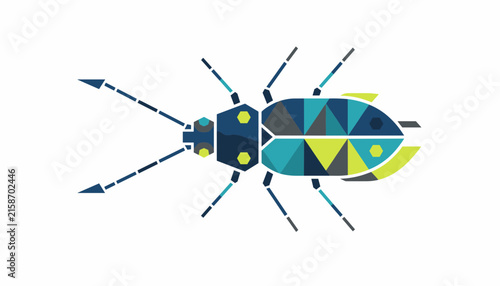 Modern geometric illustration of a beetle created from vibrant green, yellow, and blue polygonal shapes.