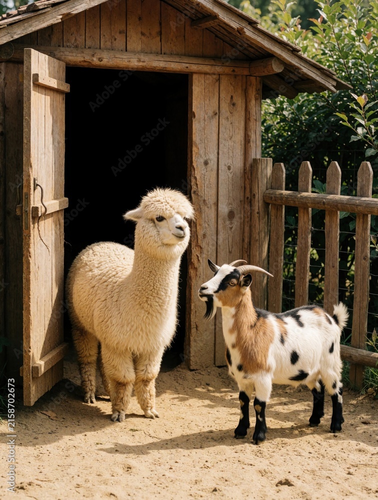 Naklejka premium Fluffy alpaca and spotted goat stand near wooden shed. Domestic farm animals live together in rural countryside barnyard. Cute pets outdoor on sunny day.