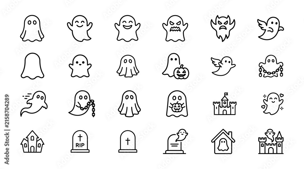 Fototapeta premium Halloween Ghost Outline Icons for Apps, Websites, Invitations, Branding and Seasonal Design
