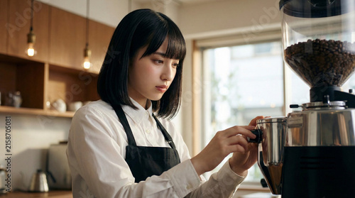 Plakat カフェでコーヒーグラインダーのダイヤルを調整する女性店員