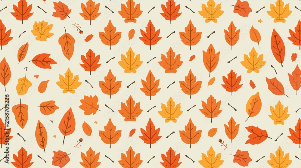 Template featuring an autumn leaf pattern for wallpaper with a flat design style, incorporating warm and vibrant colors such as orange, red, and yellow