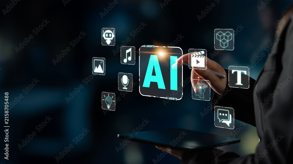 Obraz premium Hands Interacting with AI Technology Interface, Futuristic Digital Overlays, Creative Concepts in Artificial Intelligence and Data Visualization Quark.