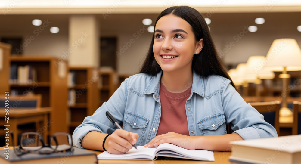 Naklejka premium Studious young university student prepares for psychology economics and language exams, connecting higher education with online learning degree courses admission and several popular career paths