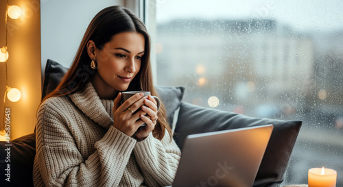 Thoughtful woman balancing remote work and online learning represents freelance writing SEO personal development psychology and wellbeing within a flexible home based professional routine