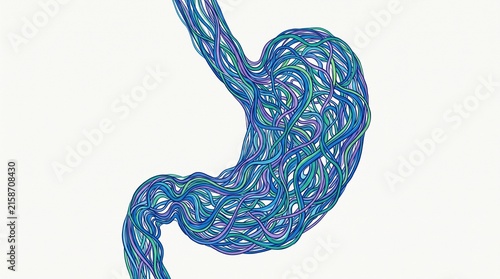 Abstract stomach shape formed by intertwining colorful lines in blue, green, and purple, tangled complex pattern symbolizing digestive system, biological complexity, and neural connections.