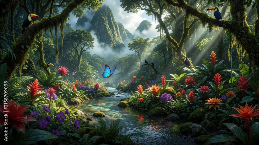 Naklejka premium Vibrant jungle stream flows through rich forest with exotic flowers, toucans, and butterflies. Misty mountains loom behind green trees, sunlight pierces canopy.