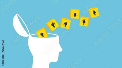 White human head silhouette on blue background, top open with yellow squares showing black light bulb icons floating upward, symbolizing creativity, ideas, and innovation emerging from the mind.
