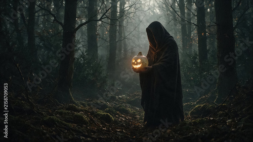 Creepy hooded figure holding a glowing jack-o'-lantern in a dark foggy forest.