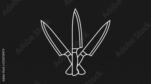 Three chef’s knives in triangular formation, blades upward, white outlines on black background, minimalist bold contrast symbolizing precision, culinary skill, and craftsmanship.