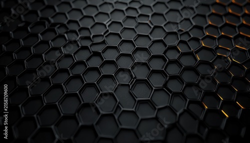 dark hexagonal grid texture with subtle glowing orange edges, sleek futuristic metallic surface and moody lighting