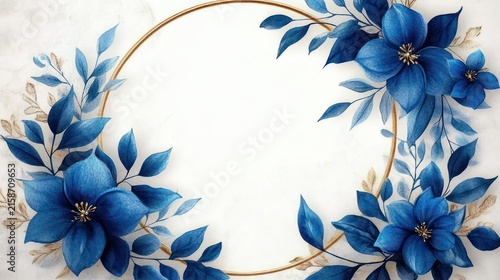 oval gold frame surrounded by lush blue flowers and leaves on a white background, elegant and calming floral border with space for text