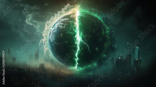 giant cracked planet split by a glowing green fissure looming over a dark futuristic city skyline, ominous and apocalyptic atmosphere
