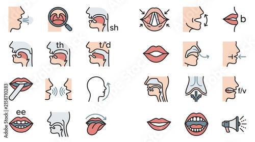 Speech Therapy and Phonetics Icon Set for Mouth Positions, Tongue Articulation and Vocal Anatomy