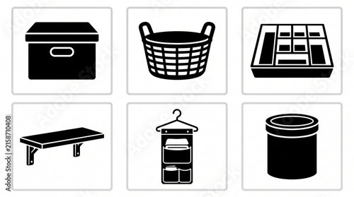 Six black-and-white icons in grid: storage box, laundry basket, drawer organizer, wall shelf, hanging closet organizer, and cylindrical container, minimalist household organization symbols.