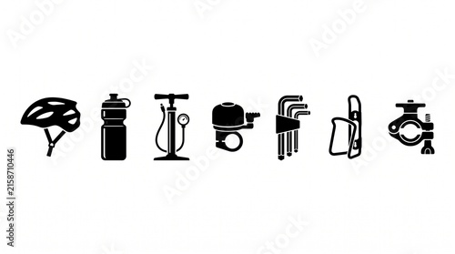 Seven black silhouette icons of bicycle accessories: helmet, water bottle, floor pump, bell, Allen wrenches, lock, and seat clamp, minimalist cycling gear set on white background.