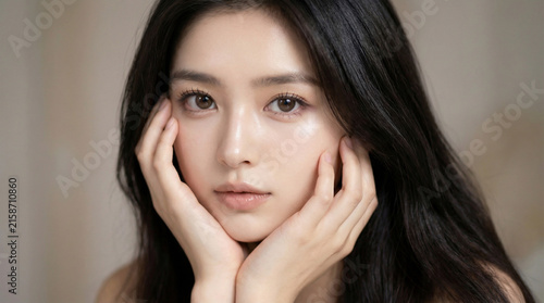 Naklejka 両手で顔を包み込みじっとこちらを見つめる美しい日本人女性のアップ