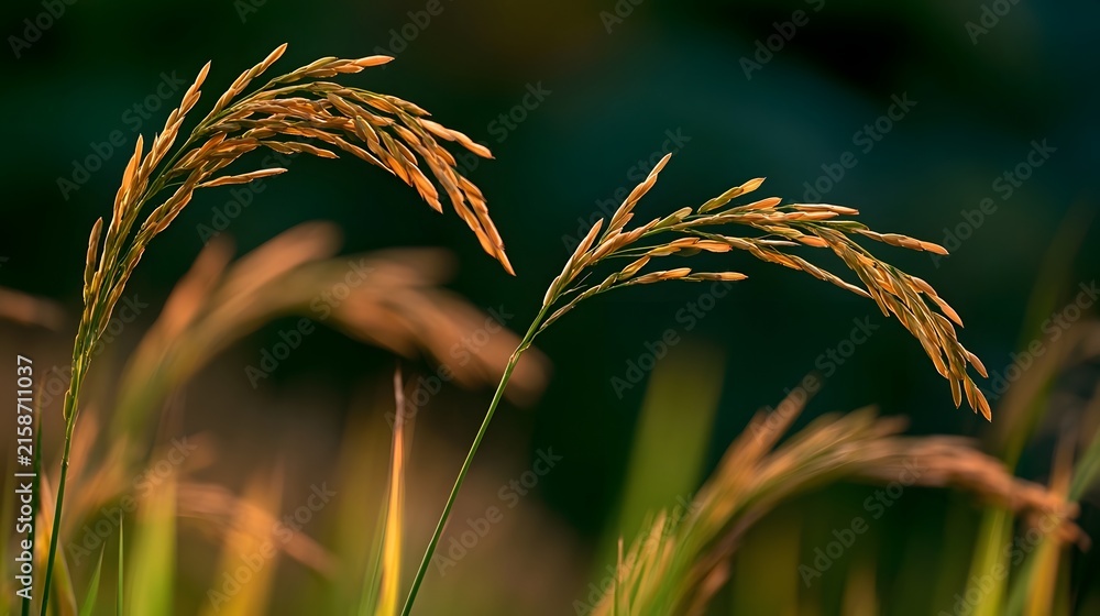 Fototapeta premium Golden rice stalks bend gracefully under warm sunlight showcasing ripe grains against a softly blurred natural backdrop