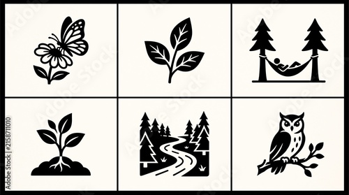 Sixteen black-and-white icons in grid, representing outdoor and nature activities like hiking, camping, kayaking, planting, cycling, sunrise mountains, trees, compass, and campfire.