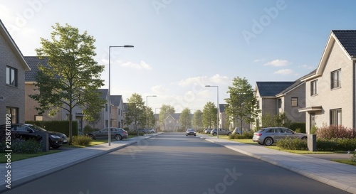 Residential Street with Modern Houses and Trees.
