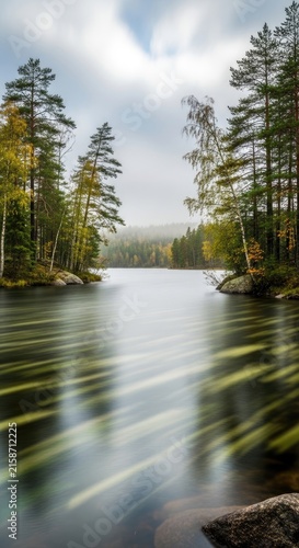 Serene Lake Surrounded by Lush Green Trees.