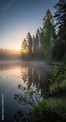Serene Morning Mist Over Tranquil Lake.