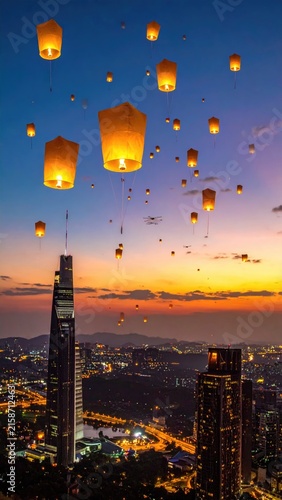 Glowing paper lanterns ascend above a cityscape at dusk