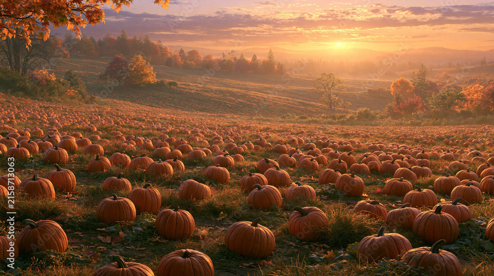 Fototapeta premium Golden orange pumpkins in vast field at beautiful sunset during vibrant autumn season on white background