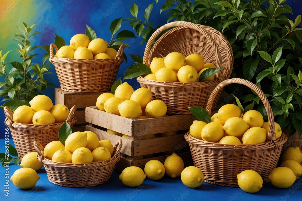 Naklejka premium Fresh yellow lemons in wicker baskets, wooden crates. Citrus fruit arrangement with green leaves on blue background. Organic food display for kitchen decor market harvest. Bright summer seasonal