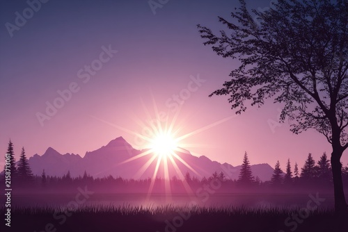 Silhouetted mountain landscape at sunrise