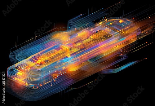 Abstract circuit board, vibrant colors, flowing lines