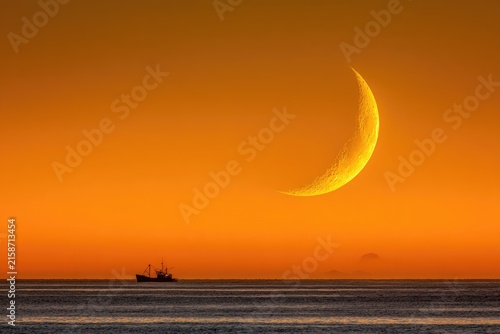 Crescent moon over orange sunset sea. Silhouette ship