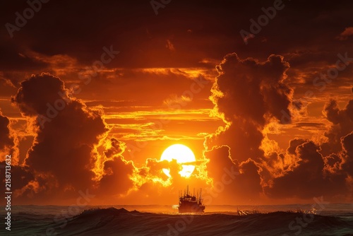 Dramatic sunset over ocean, ship silhouetted