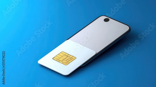 minimal sleek smartphone with a white SIM card resting on its screen on a blue background conveying secure modern mobile connectivity