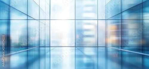 empty modern glass interior with floor-to-ceiling windows, reflective polished floor and blurred city skyline, bright blue-toned minimalist corporate space conveying calm and openness
