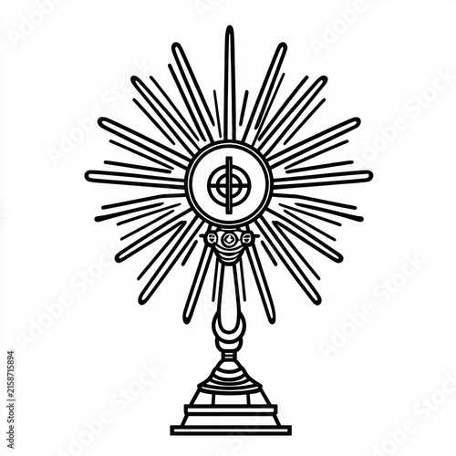Ornate liturgical monstrance with radiant sunburst rays, circular central holder on a decorative pedestal, detailed black and white line art conveying reverence and solemnity