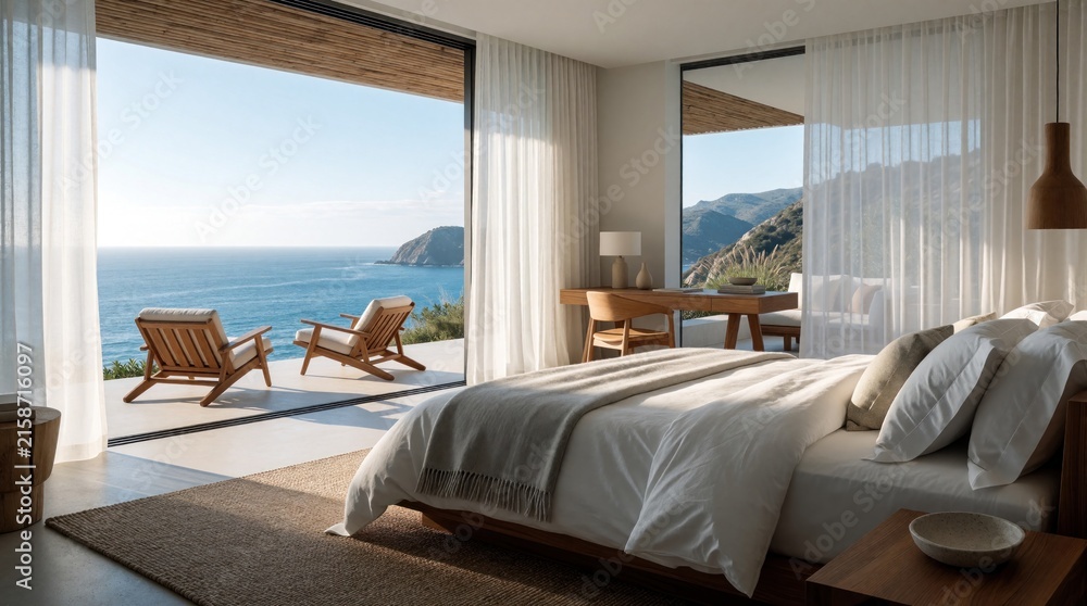 Fototapeta premium Modern bedroom with king size bed and ocean view. Sunlight fills room with natural light. Balcony overlooks sea and hills. Furniture includes desk chair and lounge chairs.