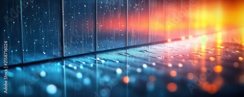 Rain-speckled glass and wet tiled floor reflecting blue and orange city lights, moody reflective evening scene