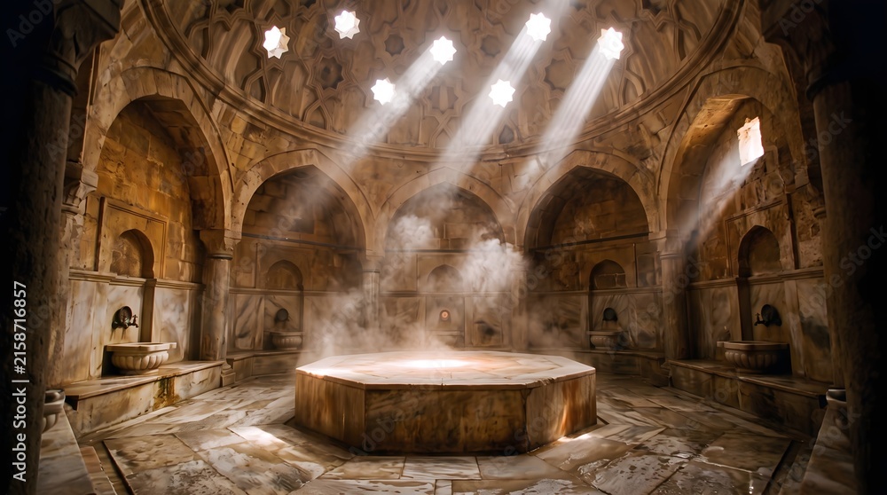Naklejka premium Ancient Turkish hammam interior with stone dome, traditional marble steam room with sunbeams, atmospheric oriental spa bathhouse