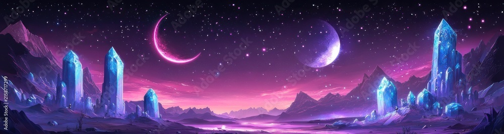 Fototapeta premium Two moons over a glowing crystalline alien valley with towering blue crystal spires, a reflective purple and pink lake, distant jagged mountains and tiny silhouetted figures, serene wonder