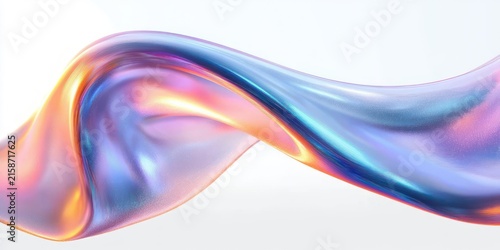 Iridescent flowing metallic ribbon wave over white background, glossy and fluid, conveying elegant motion and serene energy
