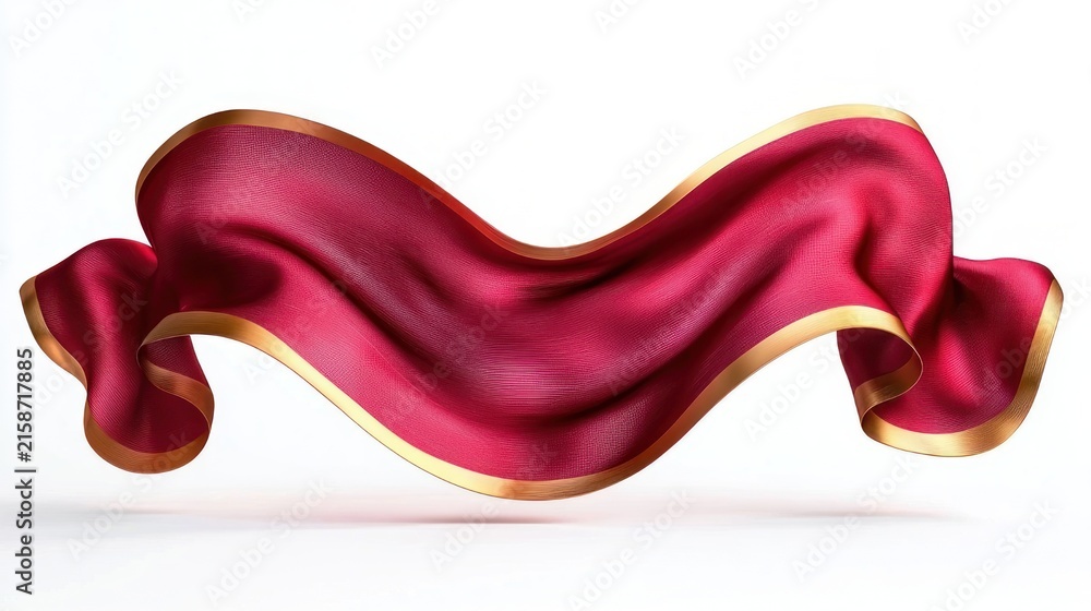 Obraz premium flowing red silk ribbon with gold trim floating in a graceful wave, elegant luxurious motion on white background