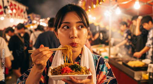 Fototapeta 屋台の焼きそばを食べる女性