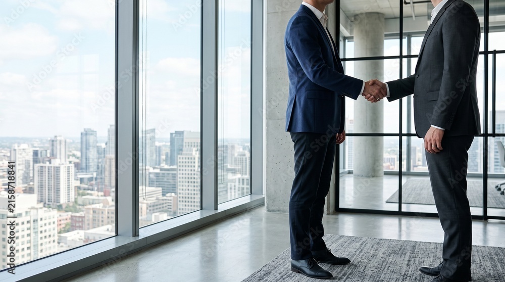 Fototapeta premium Businessmen shaking hands in modern office for corporate partnership and success with city skyline background through window