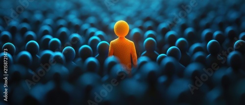 glowing orange figure standing among a crowd of dark blue stylized figures, dramatic lighting conveying individuality and quiet confidence