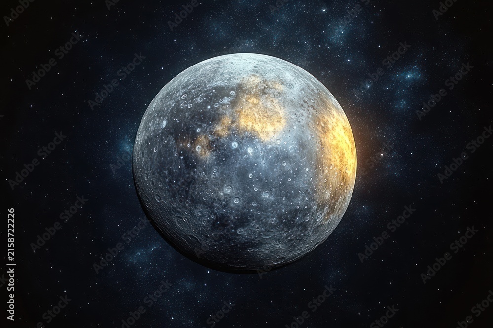 Fototapeta premium Cratered rocky moon with a warm golden illuminated region floating alone in a star-filled cosmos, mysterious and majestic