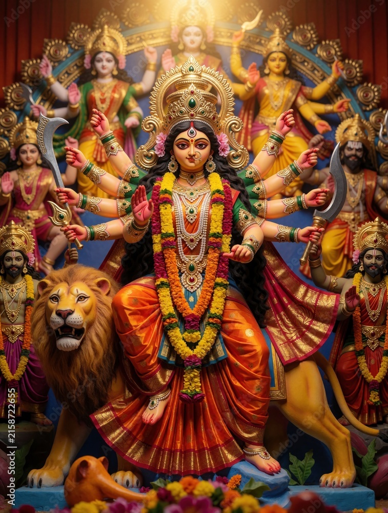 Fototapeta premium Goddess Durga idol with many arms sits on lion. Hindu deity celebrates Navratri, Dussehra festival. Traditional Indian puja decoration features colorful statue of Maa Durga. Divine woman holds